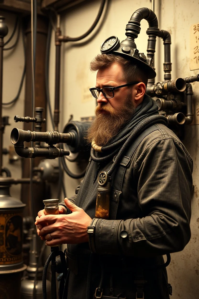 photorealistic alchemist artificer with numerous pipes attached