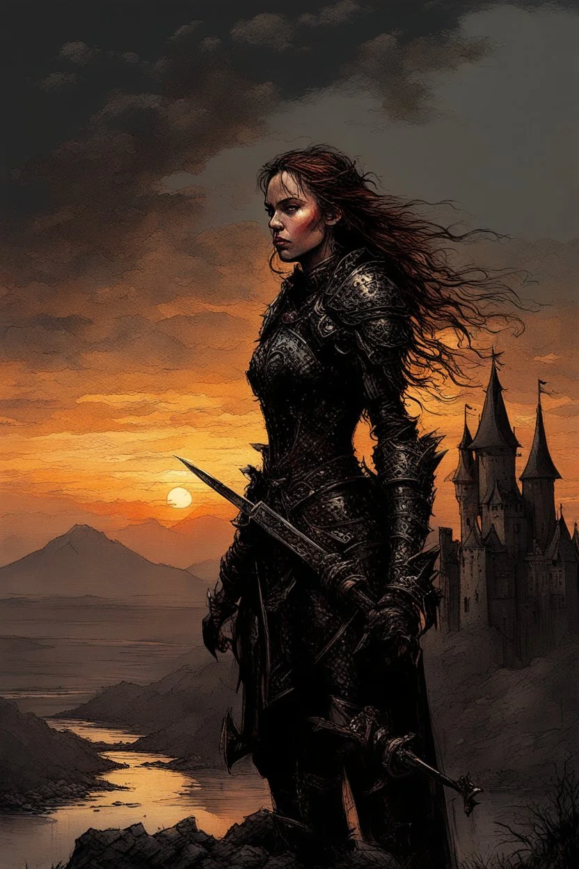 A formidable warrior girl in black armor, on the background Amazing gloomy landscape, flooded with sunset, mountains, trees, fabulous scary hero, , juicy emotions, painting, dark fantasy, gloomy day, dark world, portrait, Gothic Town At Night, Fantasy, Intricate Details, Castle Courtyard Gardens, Hyper Detailed, Jean Baptiste Monge, Carne Griffiths, Michael Garmash, Seb Mckinnon, Alex Maleev, Masterpiece