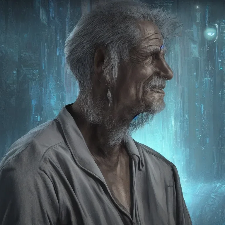 3D animated render of a cyberpunk tribal old man, gray hair and goatee, on a dark blue jungle background, digital art