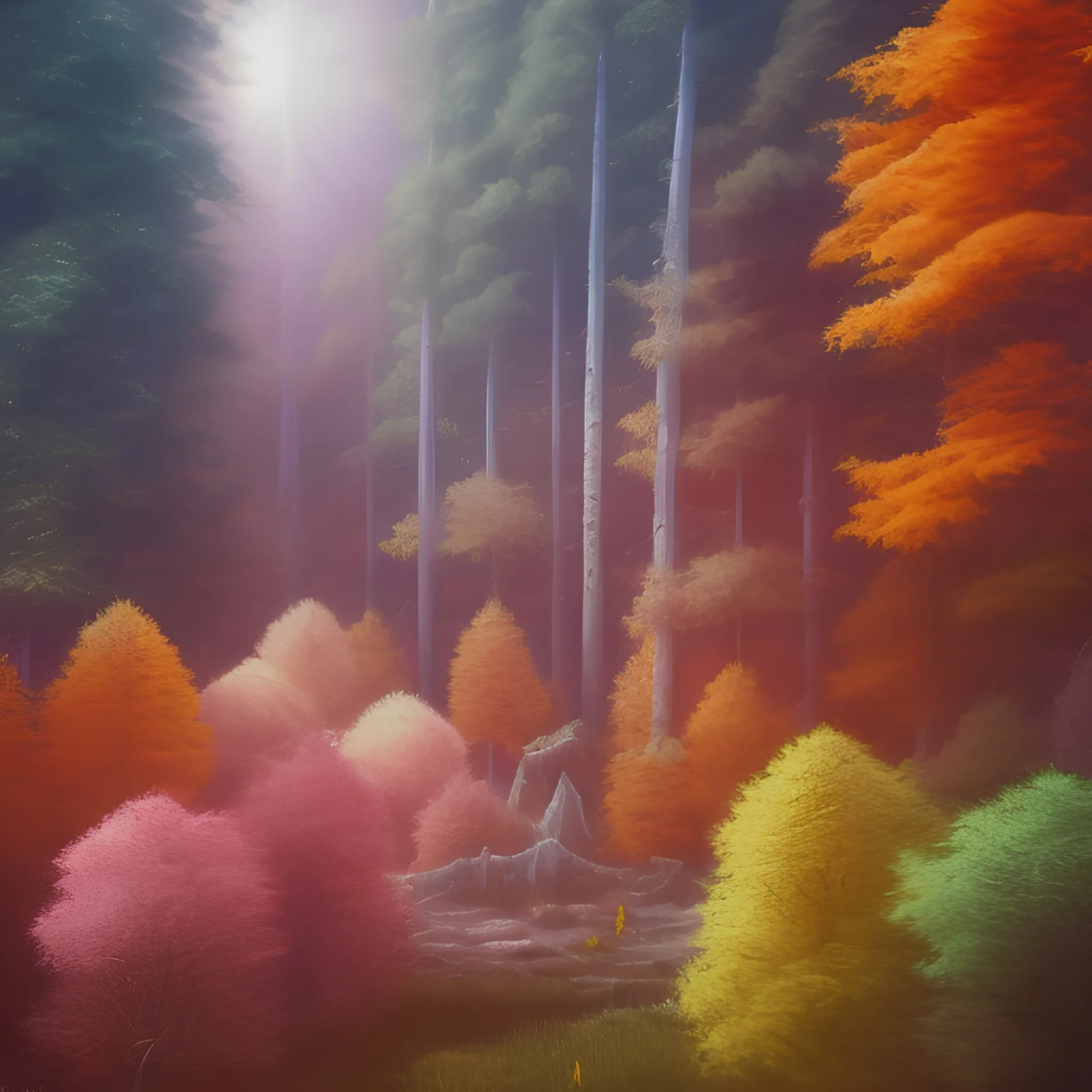  pastel colors, future art , red, orange, white,brown,son, earth, wod, trees, flowers, forest