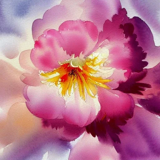 whimsical watercolor of a peony, warm colors, water color streaks and splashes, highly detailed, in the style of John Singer Sargent, white space