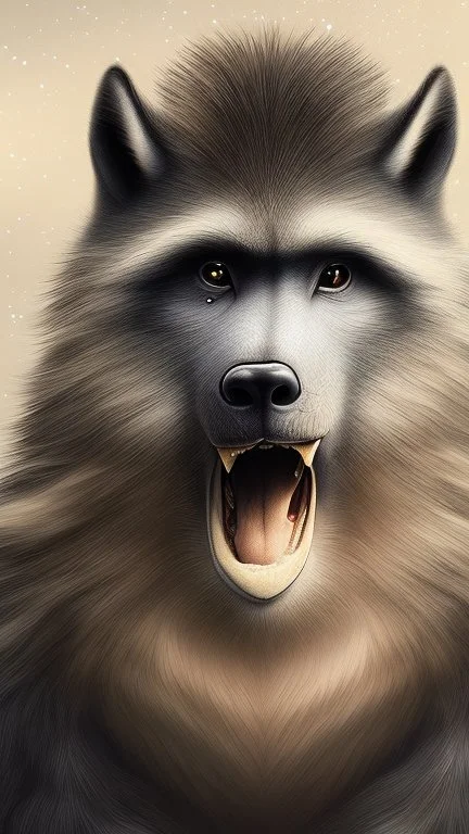 Une créature a l'aspect général d'un primate avec une tête de loup. Son pelage est blanc neige. Il est aveugle et possède un long museau