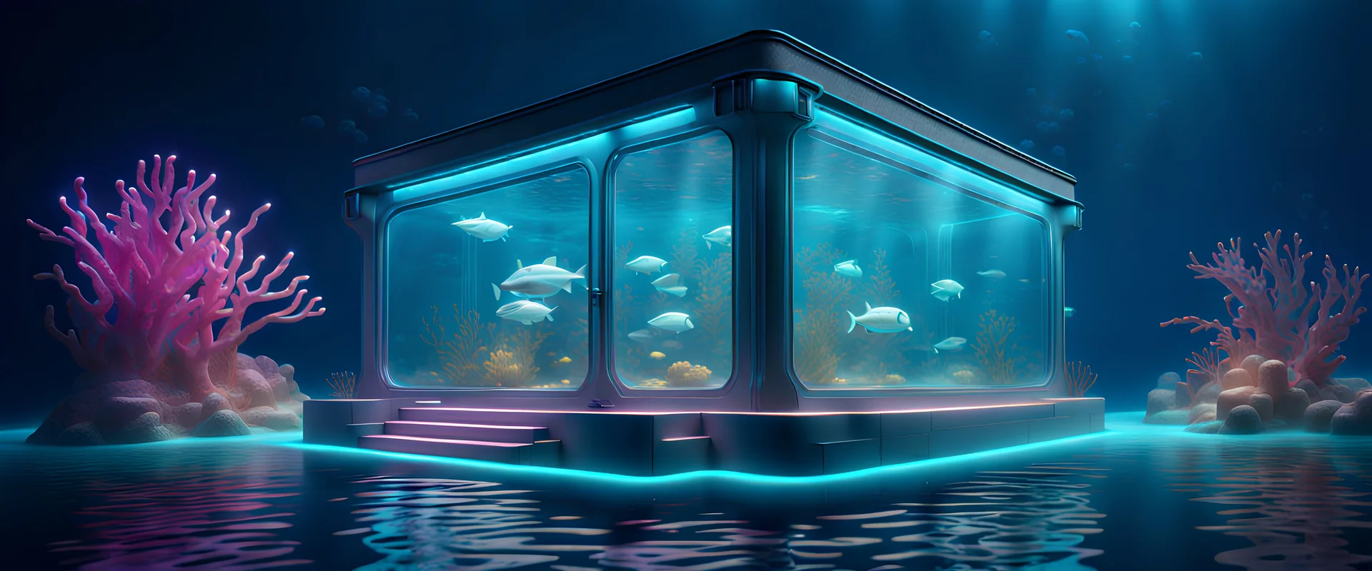 Underwater Observatory, hyperrealistic 16k, 3d rendering, expressively detailed, dynamic light, neon lighting,