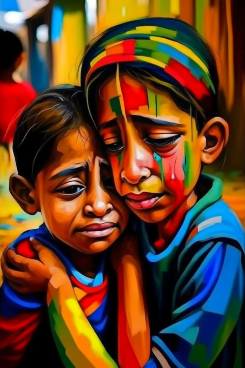 a girl hug her brother and both crying sadly, expressionism, Pixar style, in abstract art Basquiat, Picasso, Miro, Kandinsky, Klee, Birell, Fairey, Ardon, Buffet aand Picasso style, HD --s 750 --v 5.1 --style raw, water color