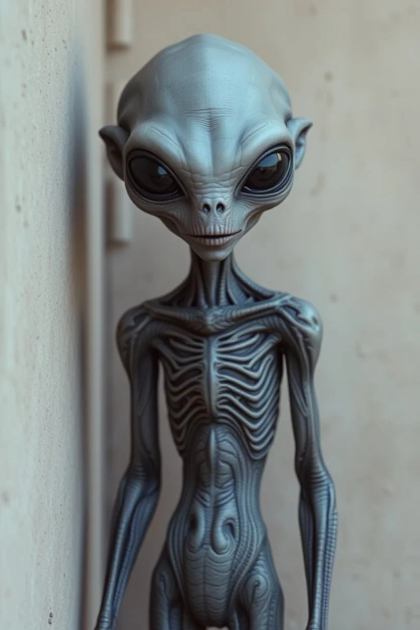 a beautiful gray alien body details standing by a wall front view scared