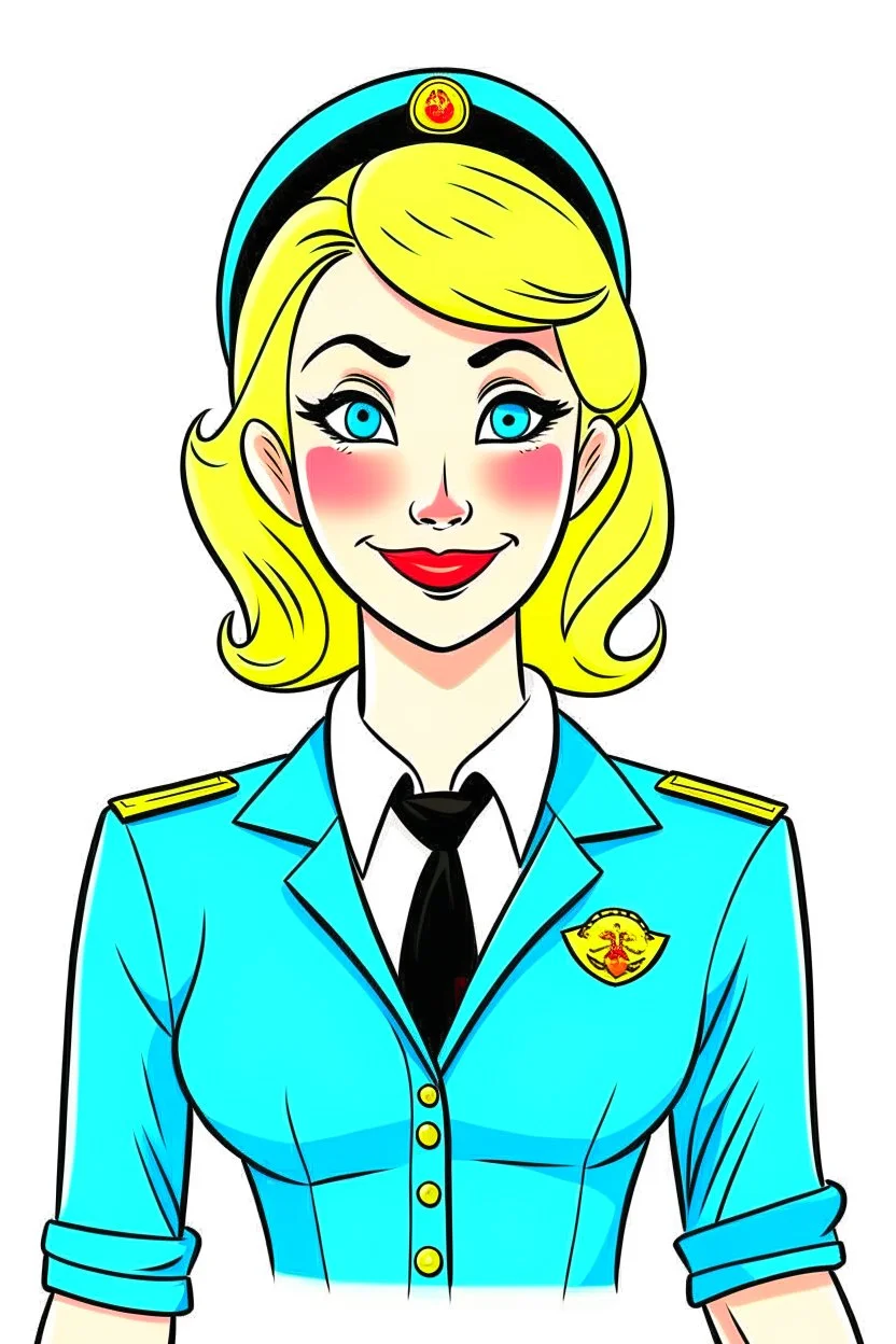 cartoon of a feminine blonde stewardess in light blue uniform