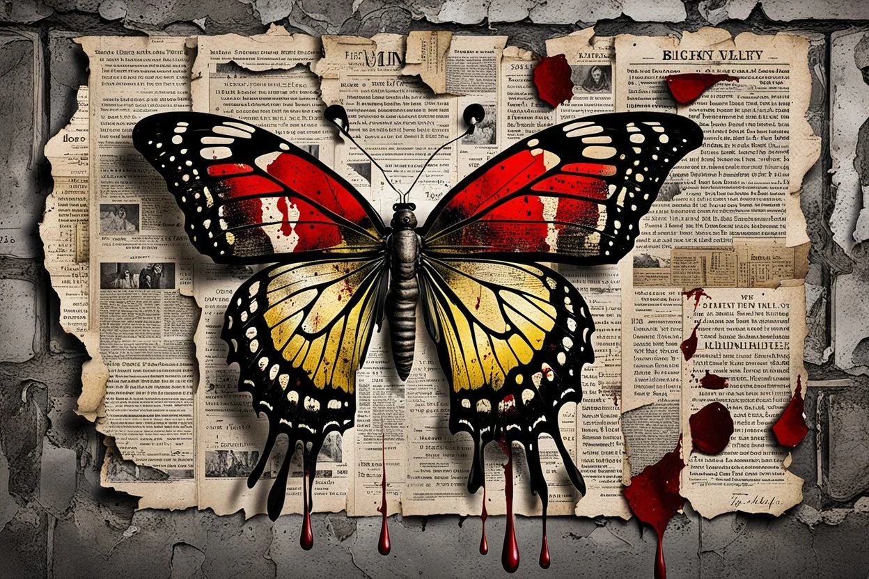 a black velvet butterfly is pinned to an old, dirty wall with a large shiny nail, red blood flows from the butterfly's wings and body, next to it on the wall are old, yellowed, cut-out newspaper articles about missing children, dirty fingerprints and drops of blood on the cracked, old gray-white wall , intricate details, sharp focus, cinematic, surreal, hauntingly beautiful, perfect composition