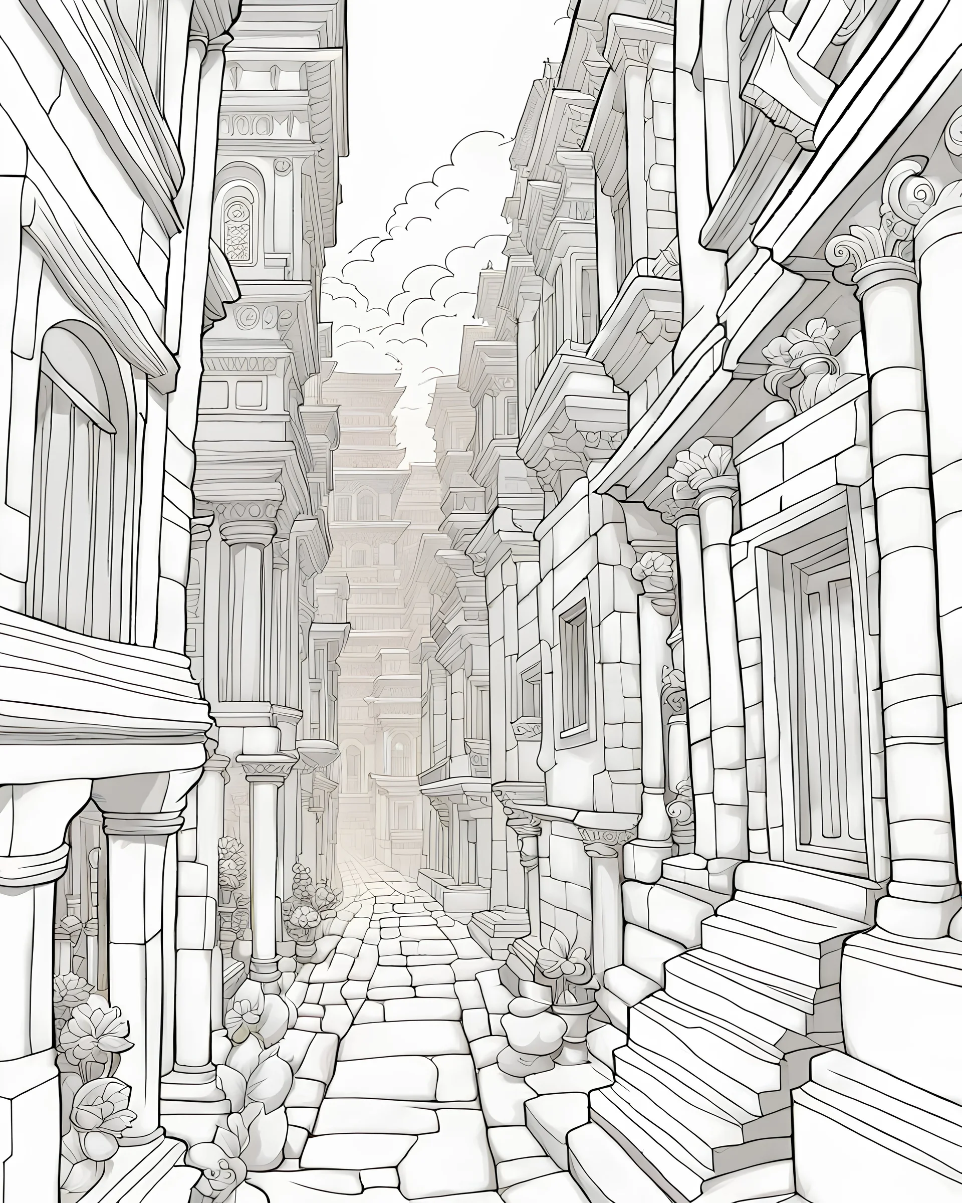 B/W outline art,coloring book page, full white, super detailed illustration for adult,"Narrow Passageways in an Ancient City", crisp line, line art, high resolution,cartoon style, smooth, law details, no shading, no fill, white background, clean line art, Sketch style.