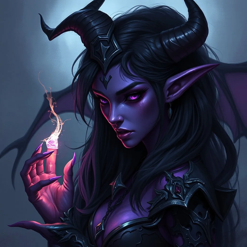 drow elf woman, sorceress, enchantress, dark hair, purple skin, demonic, digital art, dark fantasy