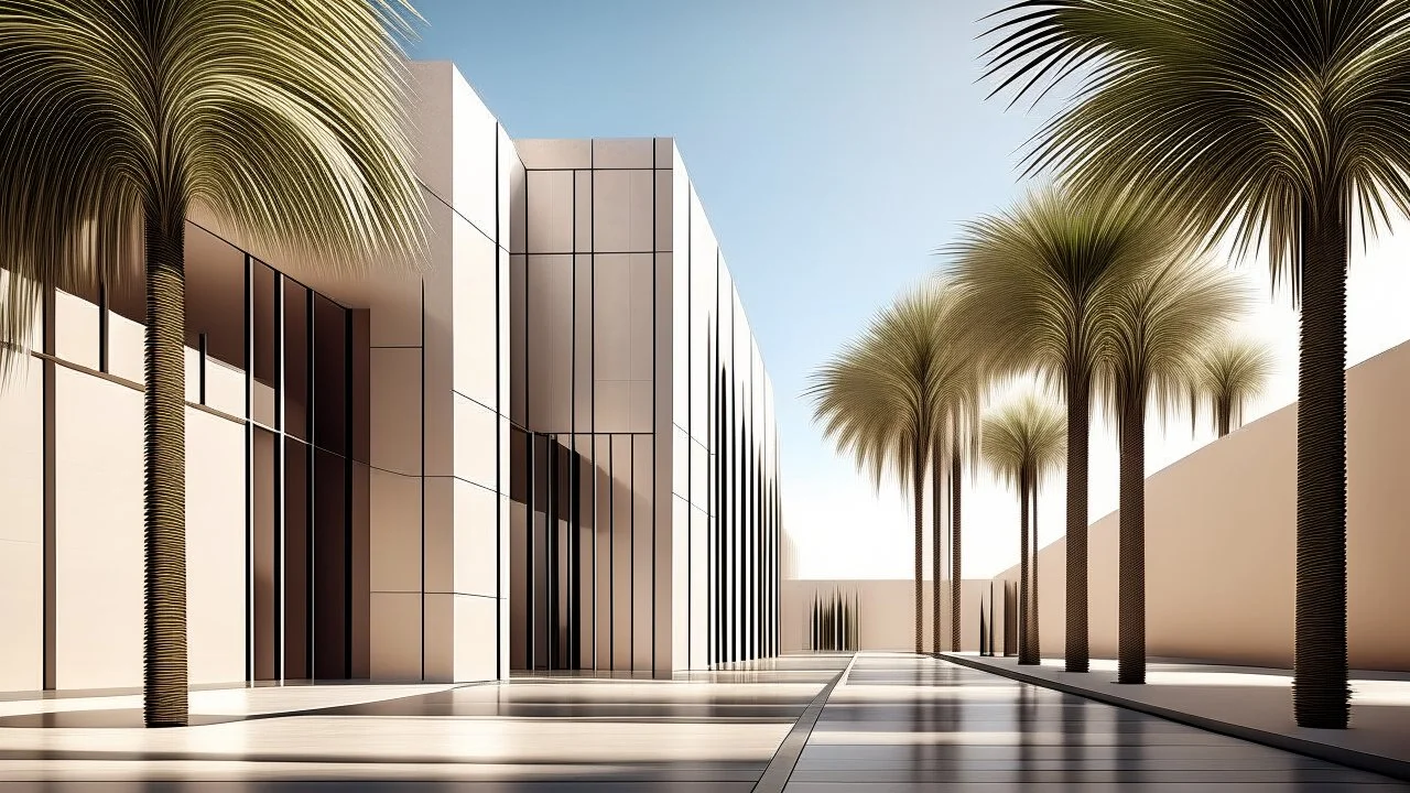 The architecture of modern and minimalist design, with straight lines and a neutral color palette that highlight the purity of its form, geometric elements, rectangular and square volumes, are harmoniously combined, creating a visual play of light and shadow, in an environment of desert and palm trees from a pedestrian point of view.