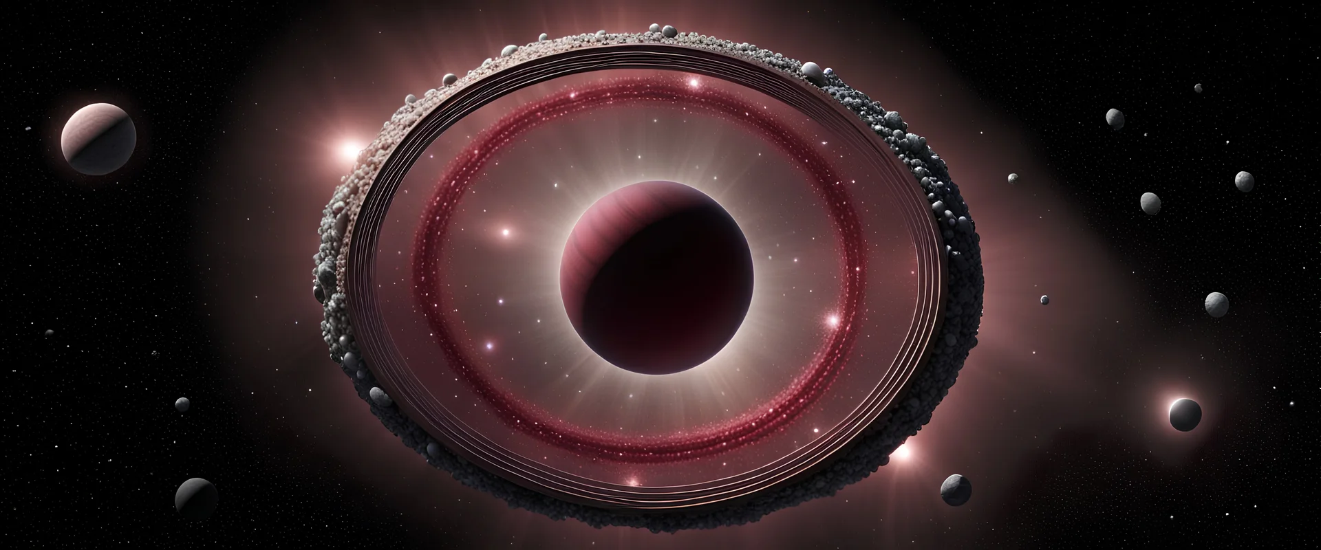 a burgundy dwarf star surrounded by hundreds of defined random sized rings made of small stones and fine particulates