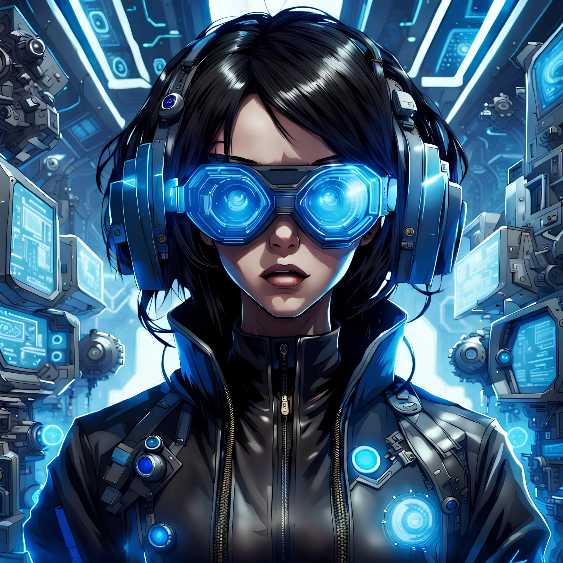 Choctaw hacker, slim pretty face, black hair, black jacket, blue-tinted goggles, hi-tech, futuristic, sci-fi, surrounded by her inventions, anime style