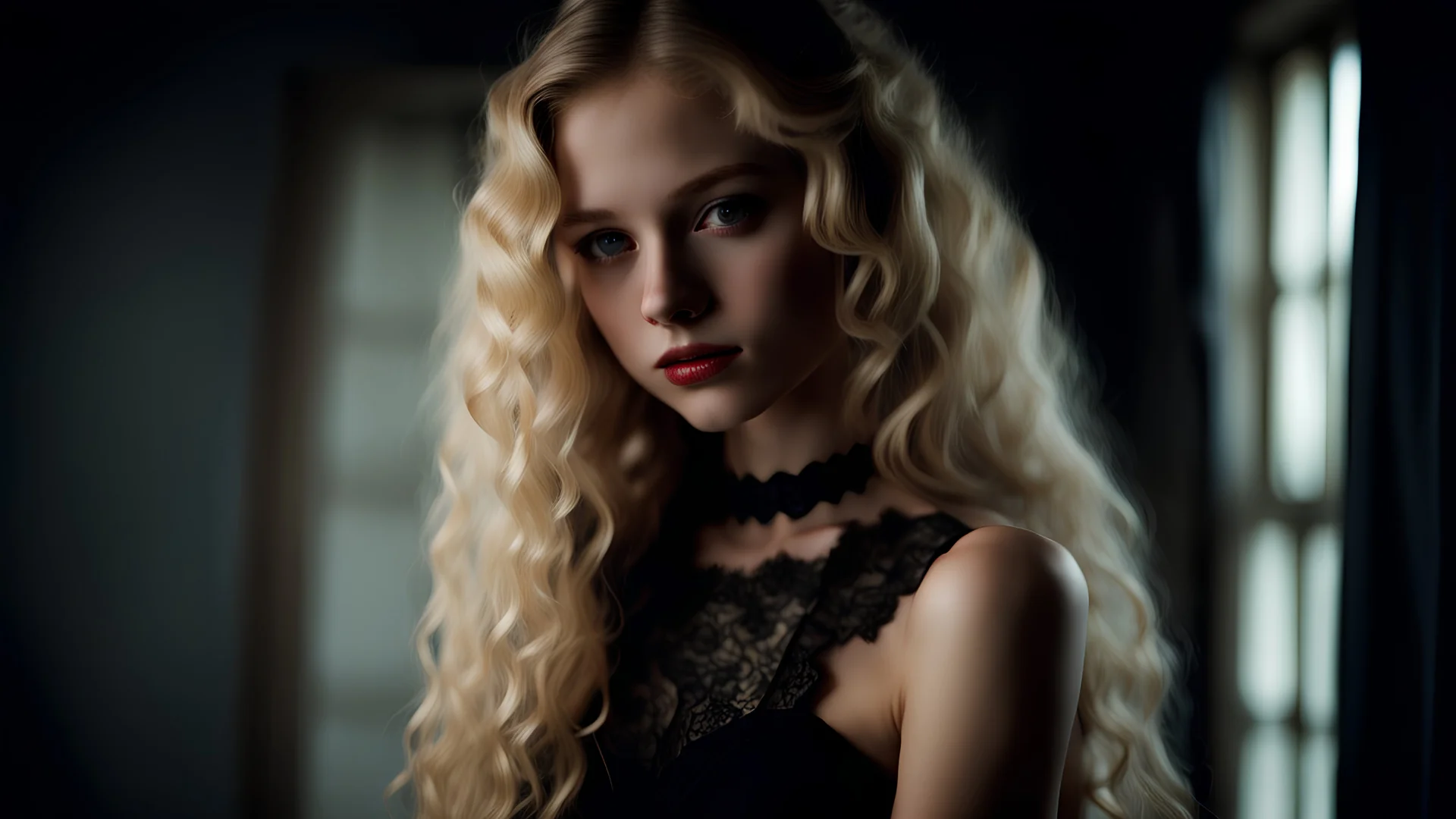High resolution sharp focus closeup of a beautiful 17 year old caucasian girl with long curly blonde hair. She is wearing a black lace dress and a dainty black lace choker. Her dress is adorned with small red ribbons. She is in a dark candlelit bedroom. She is gazing at the viewer.