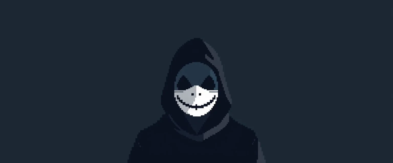 8 bit pixelart of a shadow figure with a white smooth wide smiling mask