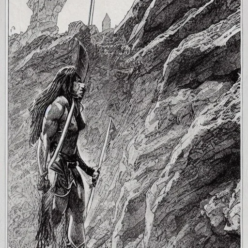 [Conan the Barbarian] holing an ((axe)) and standing on a cliff by the sea where monsters fight by Barry Windsor-Smith, extremely detailed face, full-body