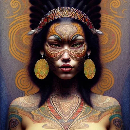 retrato de Mujer tribal maorí bella con tatuajes con estilo de Gustav Klimt