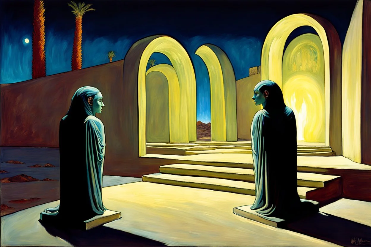 at night in an alley with noctilucent glass art sphinxes on both sides, torches, on a desert planet, perspective, centered, symmetry, vanishing point,by artist "William Merrit Chase",glass art