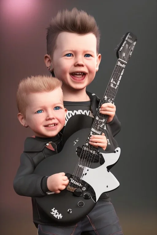 James hetfield toddler, full body, playing guitar, black leather wearing, bokeh, hyper realistic