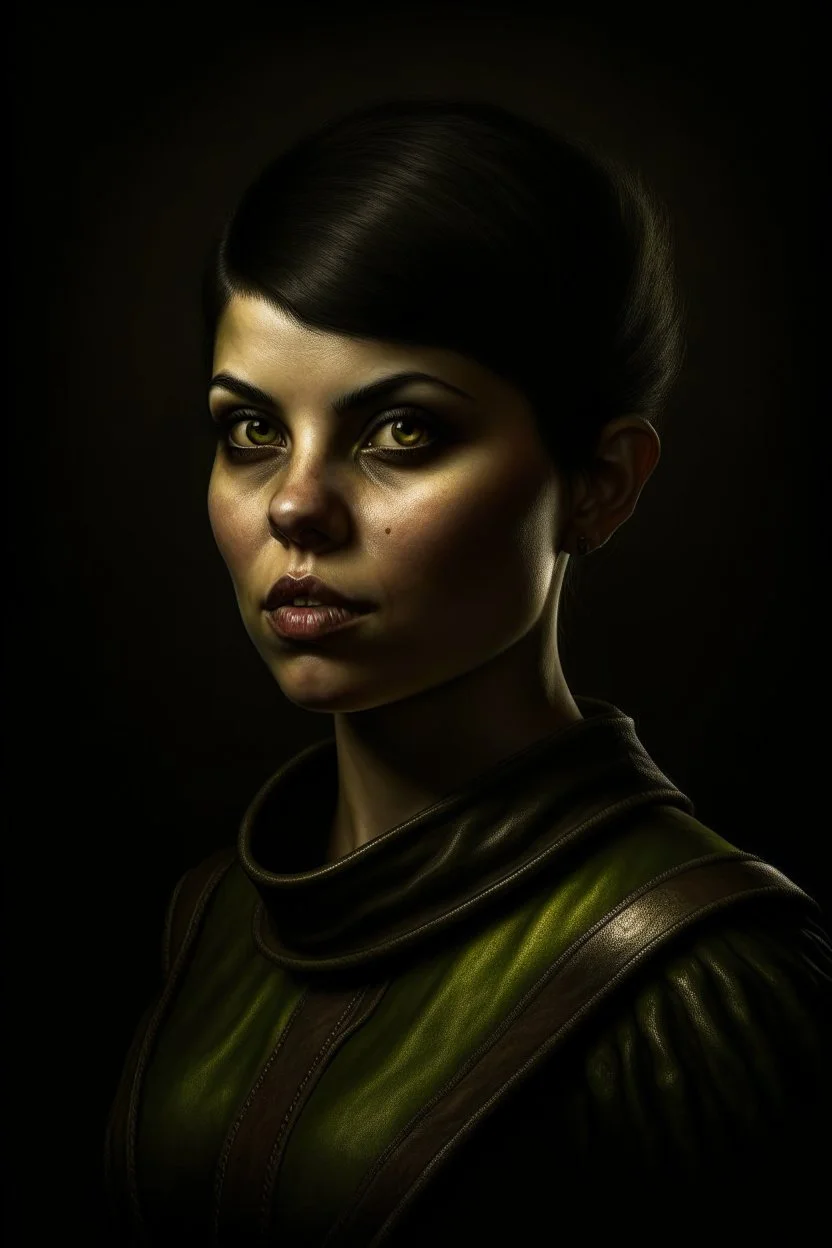 Portrait of a female fantasy half-orc, short hair, Caravaggio style