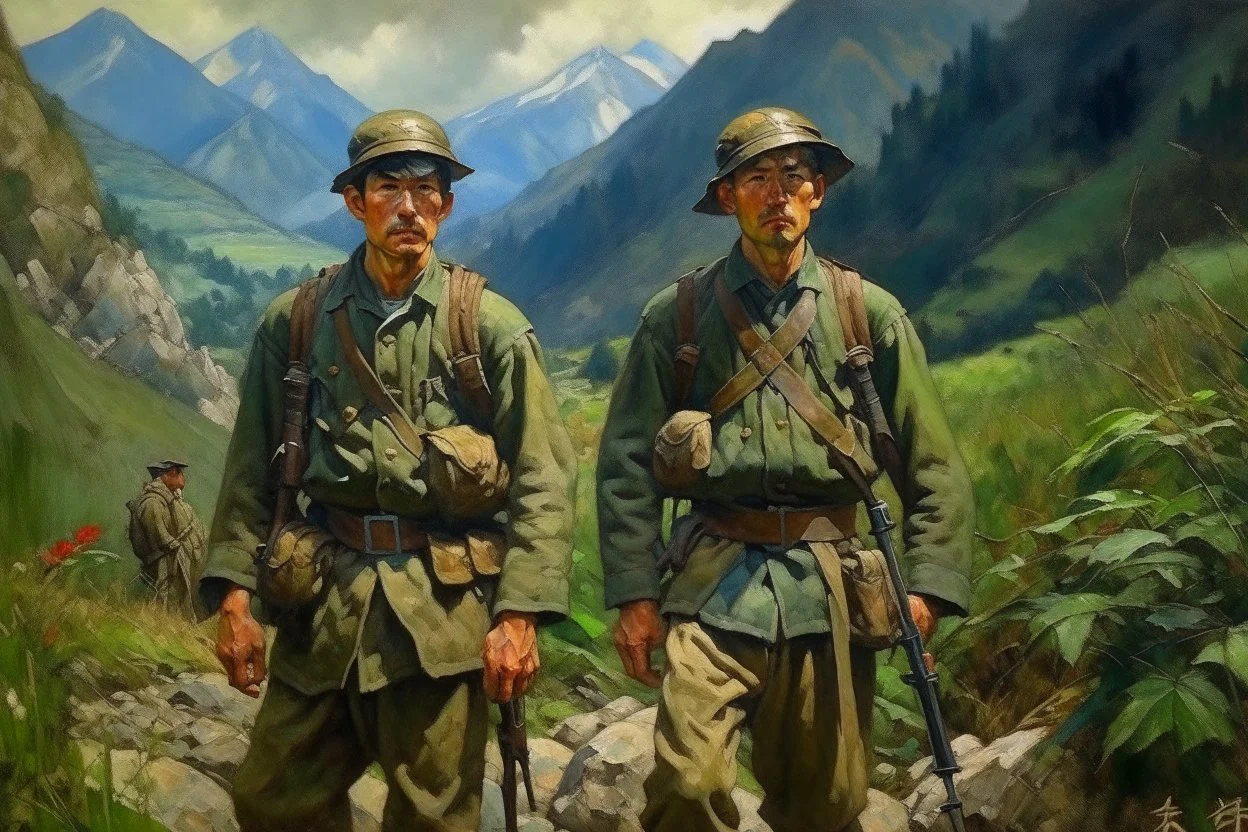 Japanese 1920 oil painting FEDRA from TLOU and the CRM from TWD but as Vietnam men soldiers in the mountains