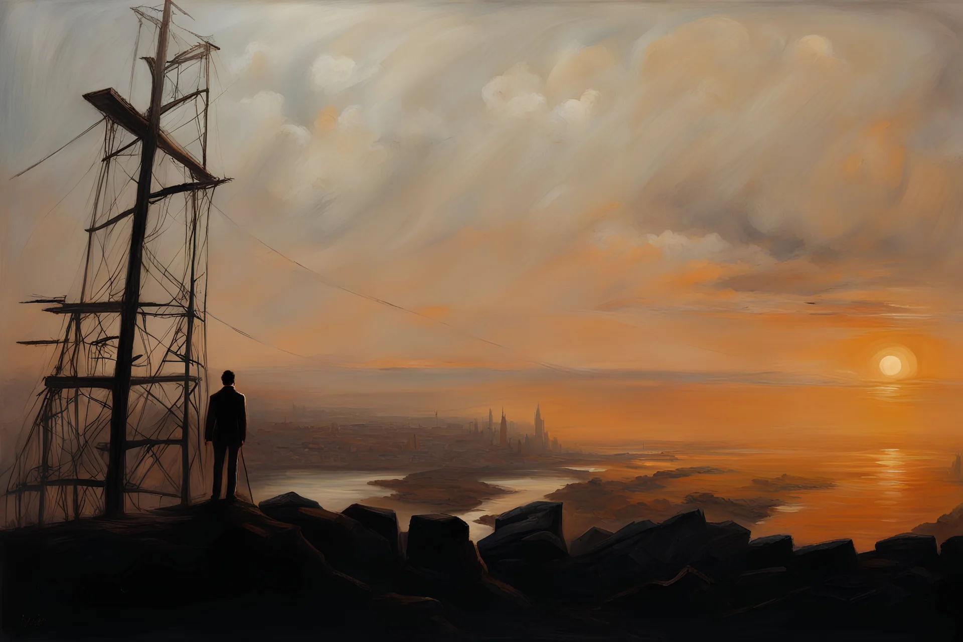 oil painting, an old track on a tall cliff, a man standing on the cliff and looking at the flooded city below him