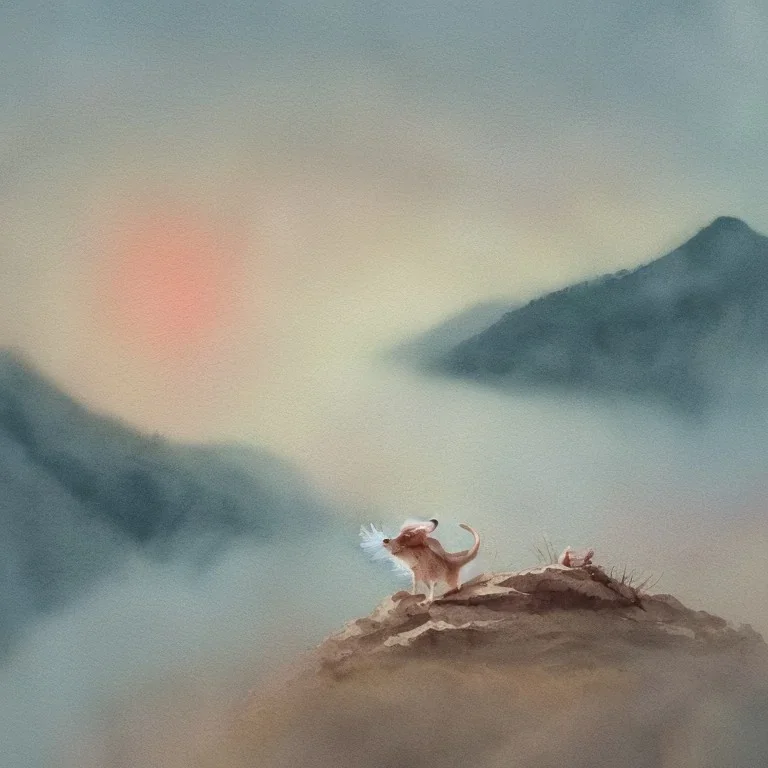 white Field mouse mountains drinking water at sunrise water color vibrant cute