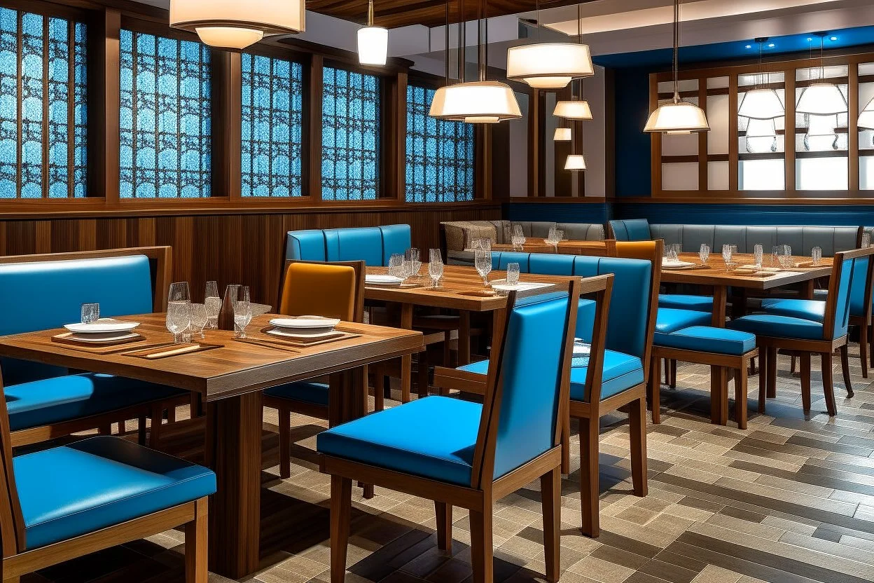 Dining tables in a restaurant. The table is square in shape and there are four chairs on it. There are 10 tables in the restaurant, and the walls, floor and furniture are blue and brown.