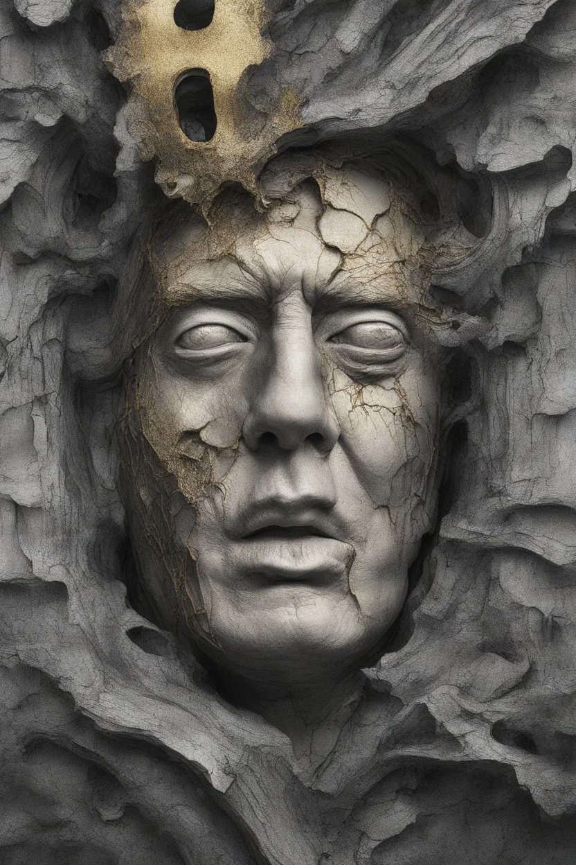 surrealis monochrome A fragmented, surreal sculpture liguid color of photorealistic image 3d,psychedelic art of trump mad face glossy emerging from dreamlike a crumbling building. The face appears pale with deep cracks and intricate details, evoking a haunting expression. Blackened tree branches intertwine with the gold mengkilat cracks, set against a backdrop of stormy, cloud-filled skies. bauhaus art The overall tone is dark and moody, suggesting themes of decay and transformation. Include