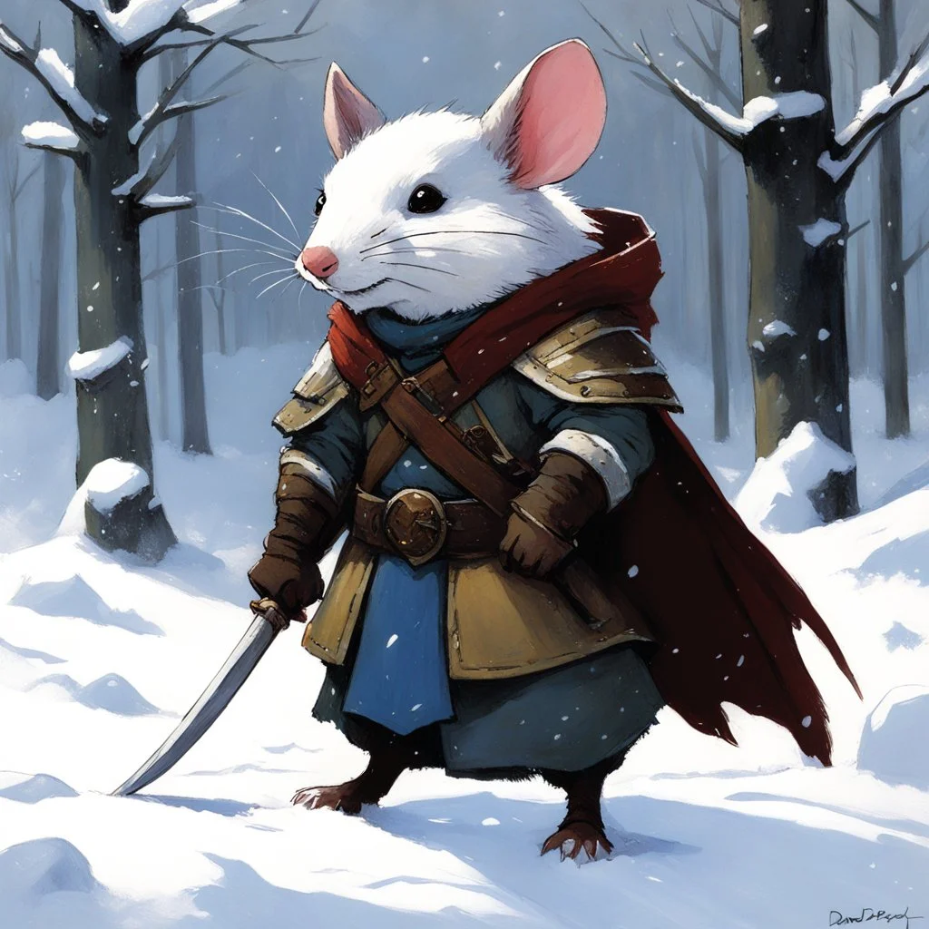 (art by Karoly Ferenczy) a fighter of the Mouse Guard in the snow, by David Petersen
