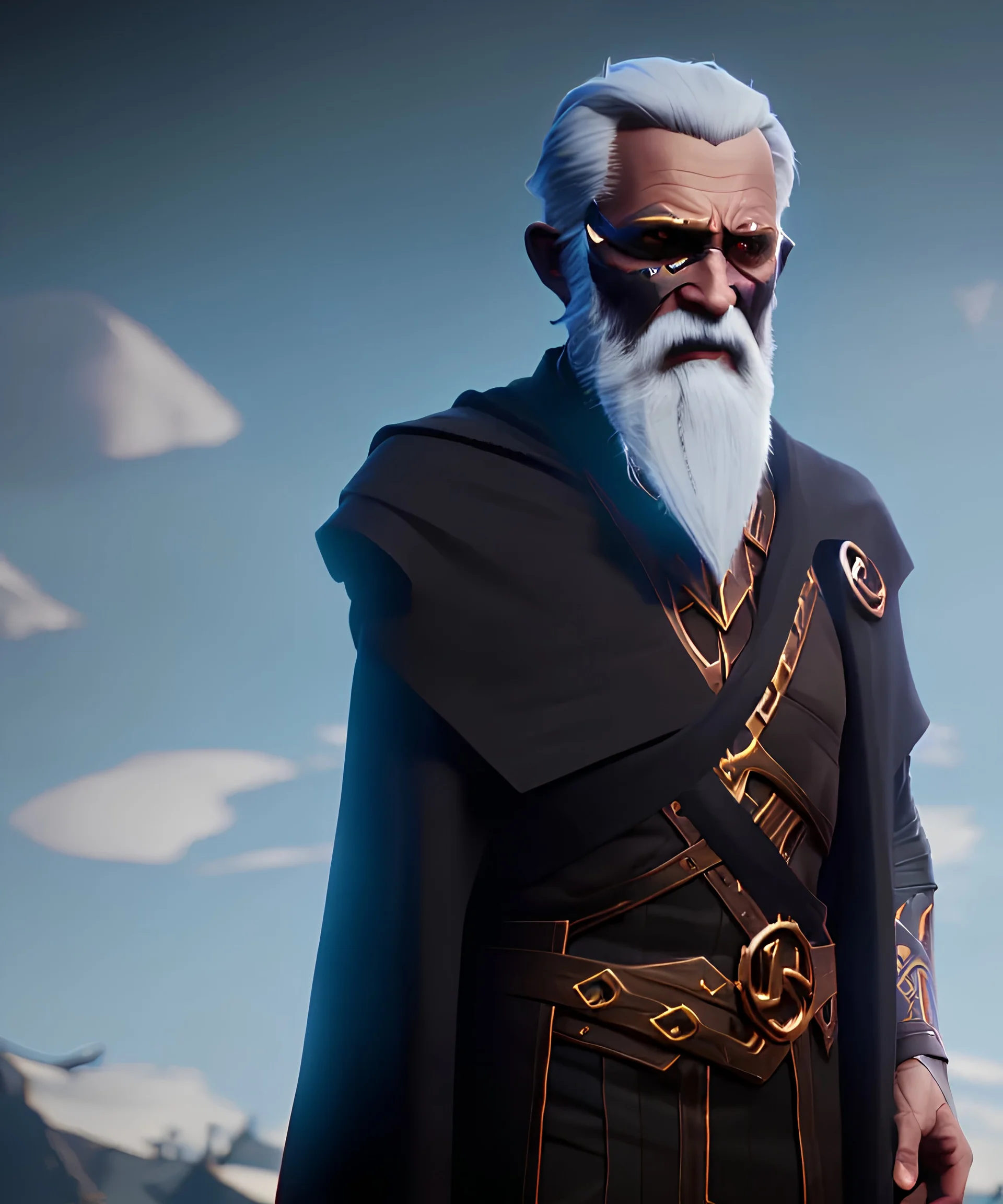 Old man Odin in a black cape and a black eyepatch, magnificent, majestic, Realistic photography, incredibly detailed, ultra high resolution, 8k, complex 3d render, cinema 4d.