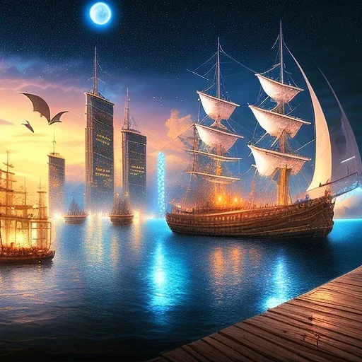 Fantasy city, cove, dock, night