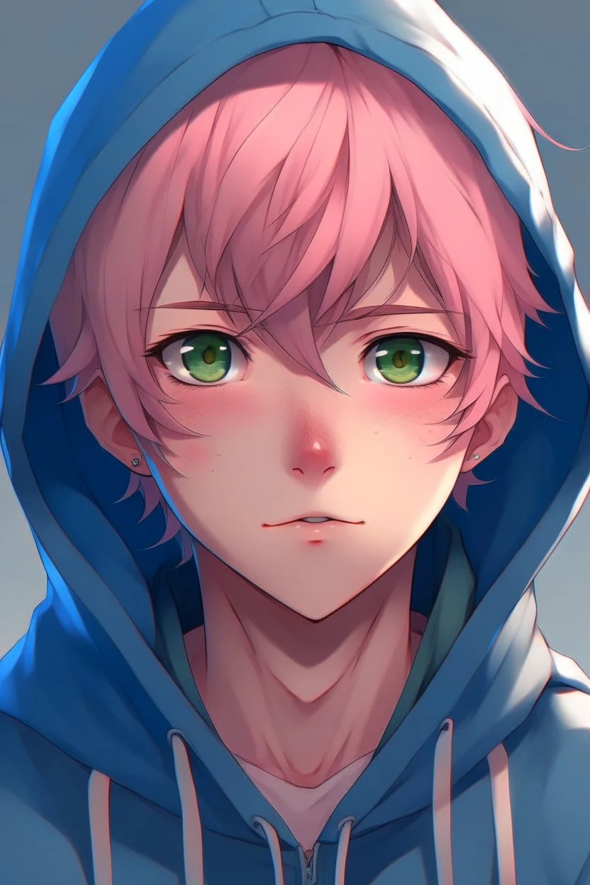 An anime man with messy short pink hair and blue eyes wearing a hoodie. Realistic.