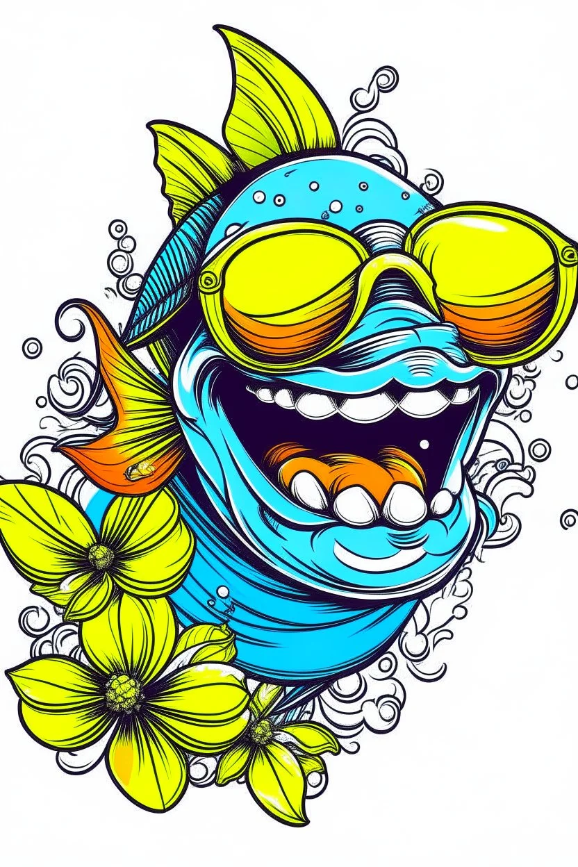 A groovy fish with a wide, toothy grin, rocking sunglasses and a flowered shirt. Style: Pop Art, Mood: Fun and Funky, Lighting: Bright sunlight, T-shirt design graphic, vector, contour, white background.