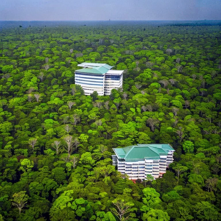 top view a open top huge library in forest with fireflies around trees that have wide leaves and broad trunked at night with moonlight.