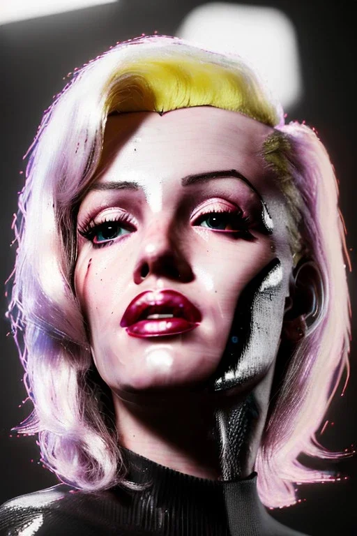 Ultra Realistic image, portrait, blonde woman, sweet Marylin Monroe face, perfect iris, glow eyes, makeup. Cyberpunk style, oversized transparent latex coat, yakuza tattoos. fog, rain, soft color, highly detailed, unreal engine 5, ray tracing, RTX, lumen lighting, ultra detail, volumetric lighting, 3d, finely drawn, high definition, high resolution.