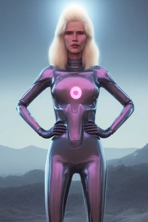 Ultra Realistic retro sci-fi scene, waist up view portrait, blonde woman, sweet young Claudia Schiffer face, perfect iris, glow eyes, makeup. Saturn background, Retro sci-fi style, helmet, tight latex coat, fog, rain, soft color, highly detailed, unreal engine 5, ray tracing, RTX, lumen lighting, ultra detail, volumetric lighting, 3d, finely drawn, high definition, high resolution.