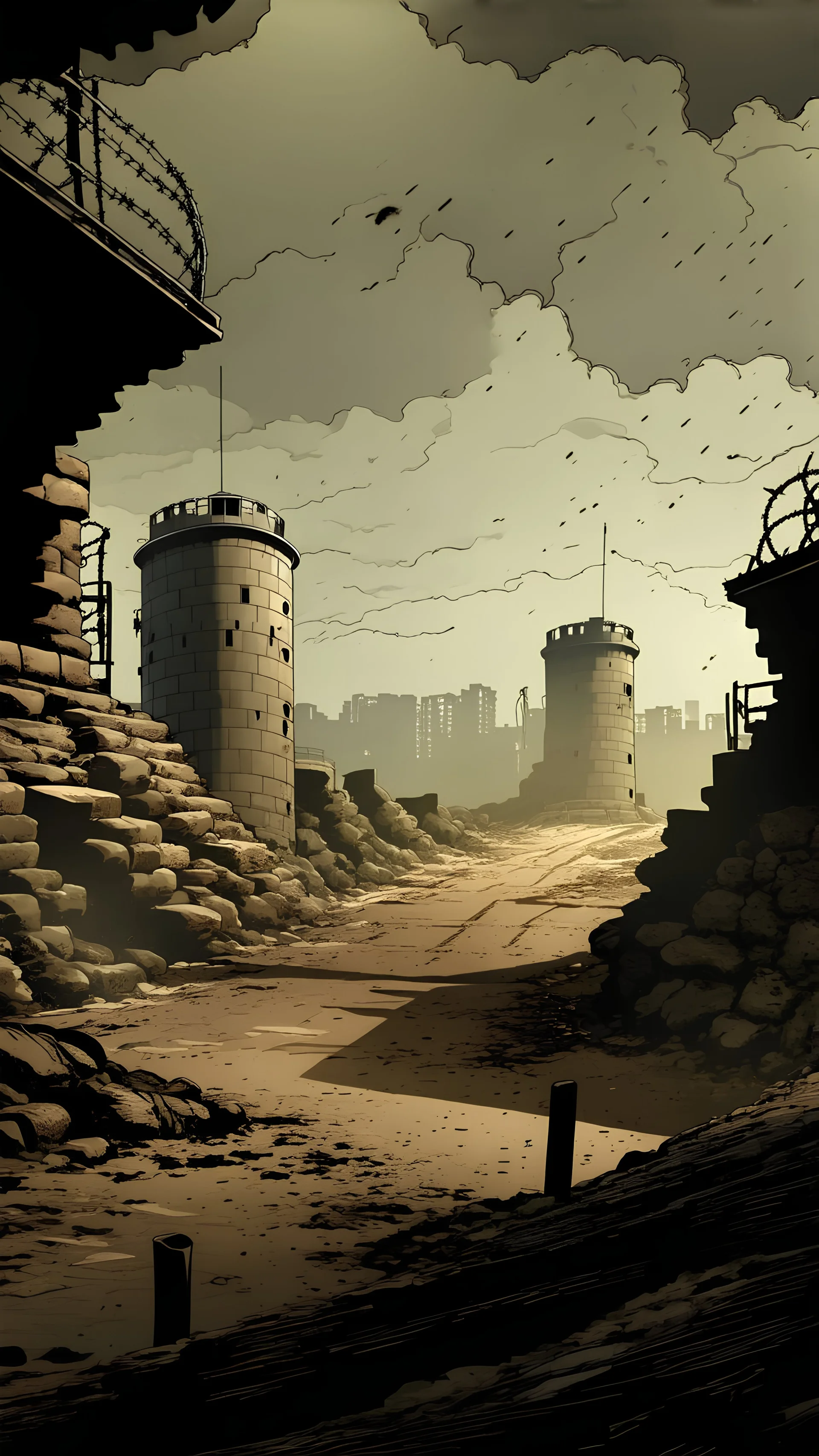 comic book style zombie apocalypse fortified bunker. Tall walls with military watchtowers, barbed wire fences. Post apocalyptic city setting. Road leading up to it. Night, rain