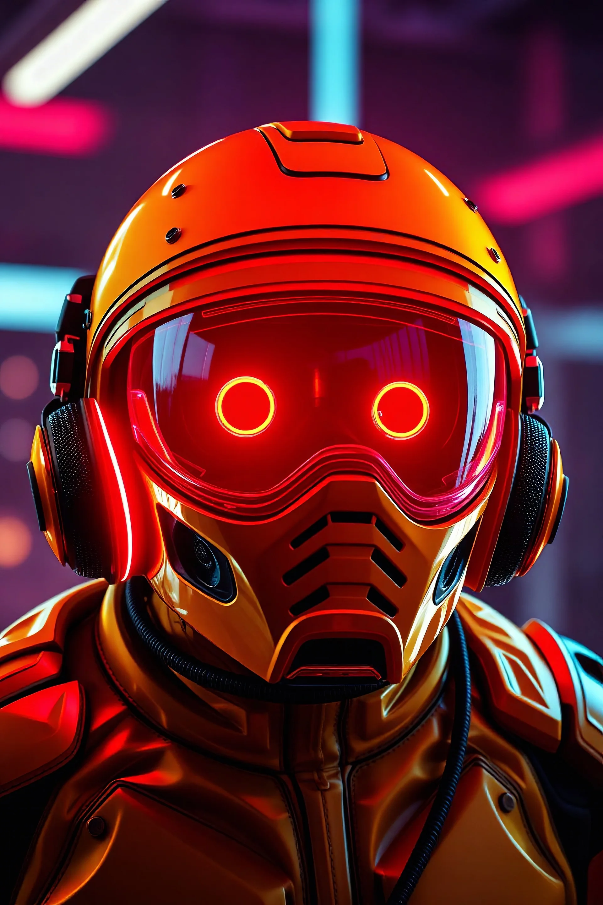 futuristic helmet with neon lights and speakers yellow