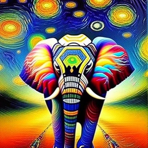 Dibujo al oleo de un elefante indio pintado con muchas nubes de colores estilo Vincent van Gogh