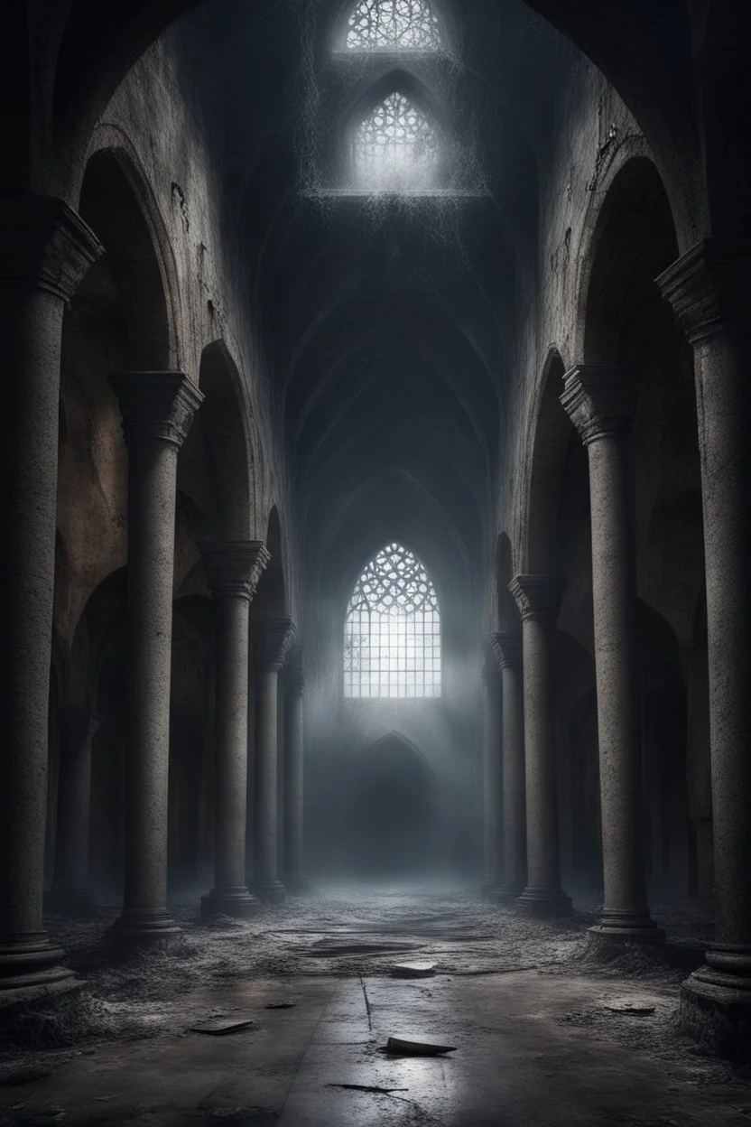 dark fantasy art of a medieval abandoned hall in a cloud
