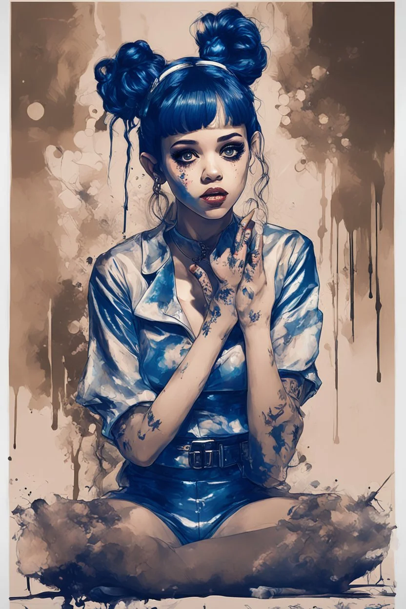 Poster in two gradually, a one side the Singer Melanie Martinez face, full body, sit pose, painting by Yoji Shinkawa, darkblue and sepia tones,sinister, detailed iridescent, metallic, translucent, dramatic lighting, hyper futuristic, digital art, shot with Sony Alpha a9 Il and Sony FE 200-600mm f/5.6-6.3 G OSS lens, natural light, hyper realistic photograph, ultra detailed -ar 3:2 -q 2 -s 750,malevolent goth vampire girl face and other side