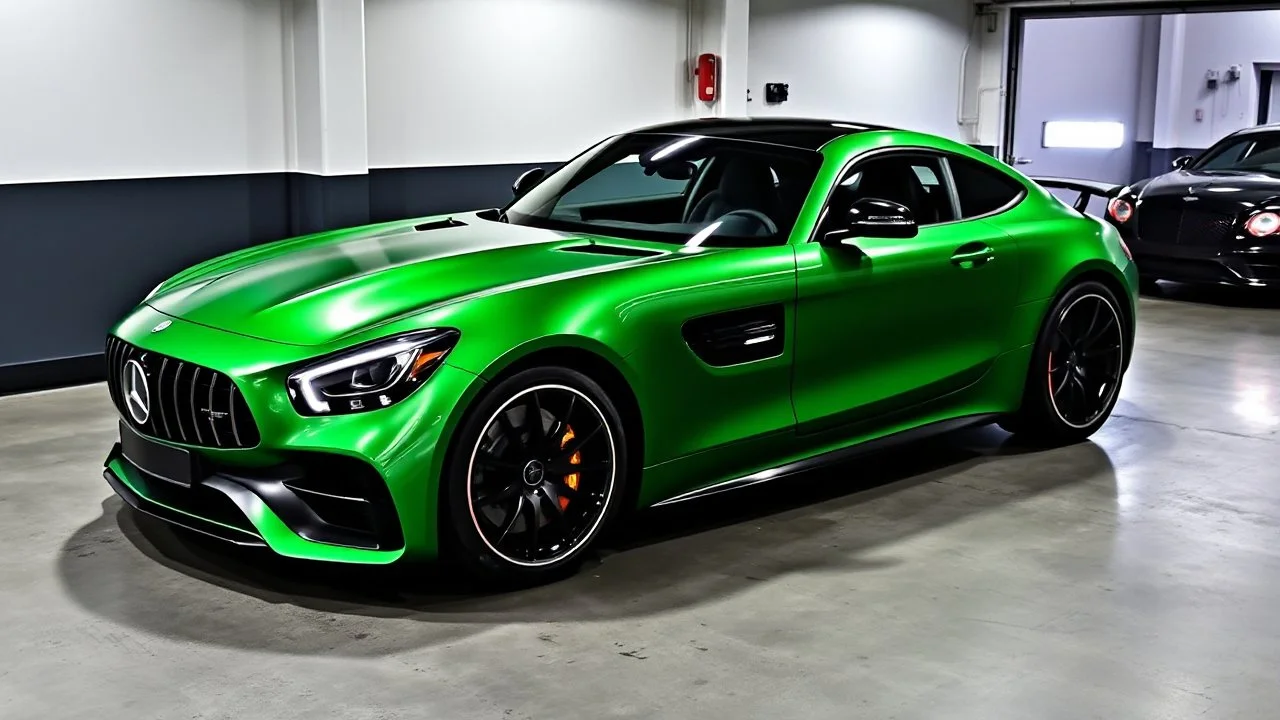 Mercedes-Benz AMG GT63s, green, with four side doors parked in a luxury garage, with the car facing right