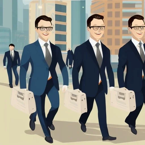 A group of penguins wearing business suits and carrying briefcases, walking through a busy city street.