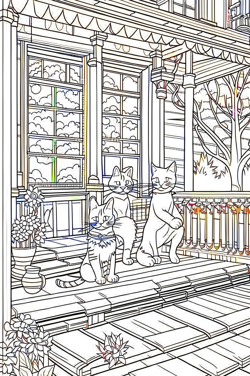 kids coloring page, Cats on the porch, cartoon style, thick lines, low detail, no shading