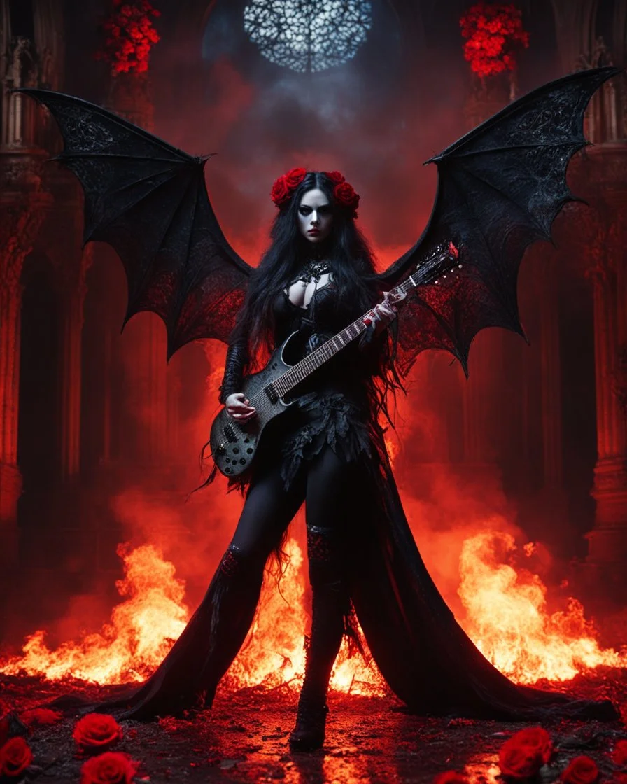 The Guitarist bat vampire,Full a length image Body fire flames Horror cinematography realistic Full body,creepy Vampire ghost woman long hair straddle up bat wings as an guitarist she on playing guitar electric heavy metal style,she standing on creepy,in night mystery burning palace vampire,red roses flowers and bats sorrounded background,dramatic angle, trypophobia