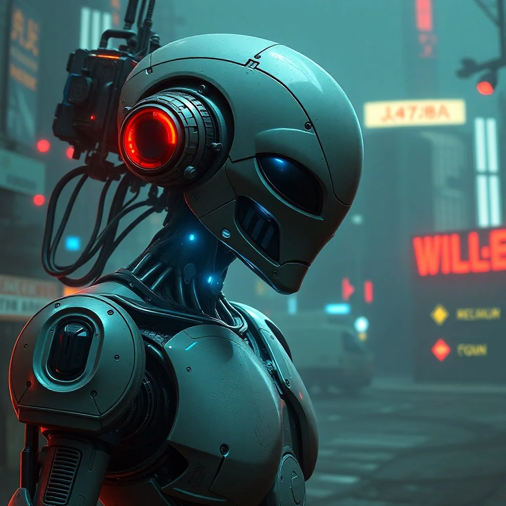 robot, dystopia, cyberpunk aesthetic, alien