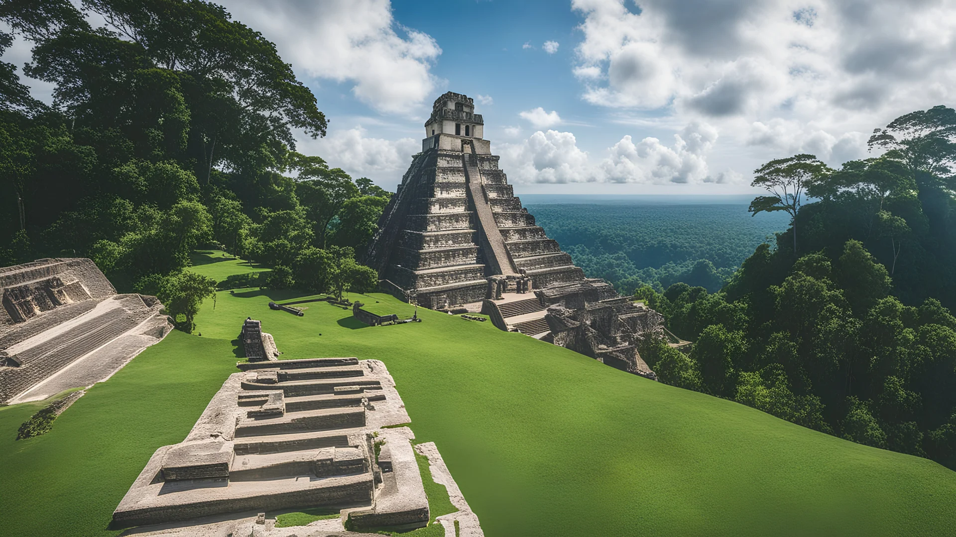 Tikal national park, Guatemala, ancient Mayan city, Mesoamerican ruins, beautiful composition, award-winning photograph, astonishing realism, 28mm lens, adjust perspective