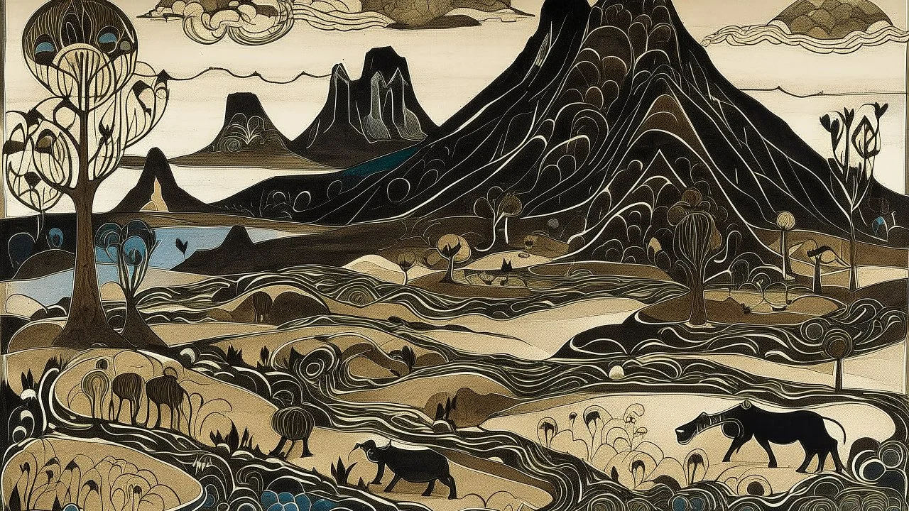 Dark brown dry mountains with tar pits designed in native American petroglyphs painted by Wassily Kandinsky