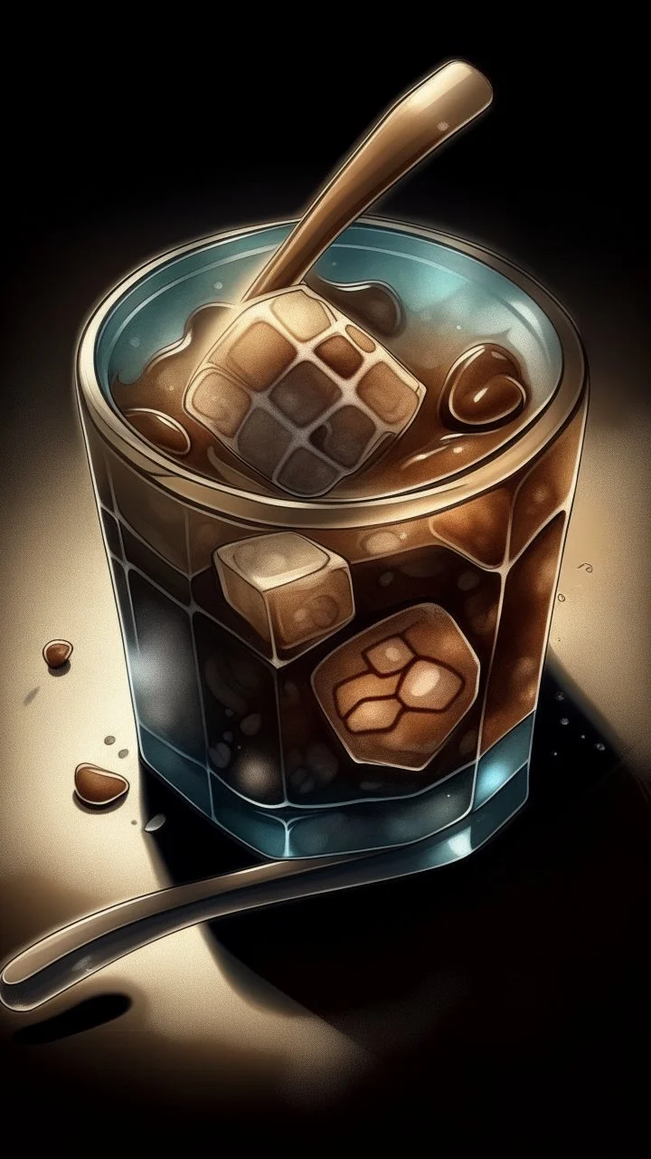 illustration of an ice cube, a coffee bean is frozen inside ice cube and ice cube has a straw, ggraphic, studio lighting, shot from above, muted colors, vector look, Watercolor, trending on artstation, sharp focus, studio photo, intricate details, highly detailed, by greg rutkowski