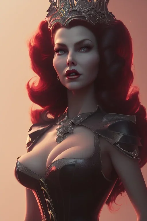 Rita Hayworth as evil queen in black leather, busty, cleavage, curvy, angry, stern look. character design by cory loftis, fenghua zhong, ryohei hase, ismail inceoglu and ruan jia. unreal engine 5, artistic lighting, highly detailed, photorealistic, fantasy